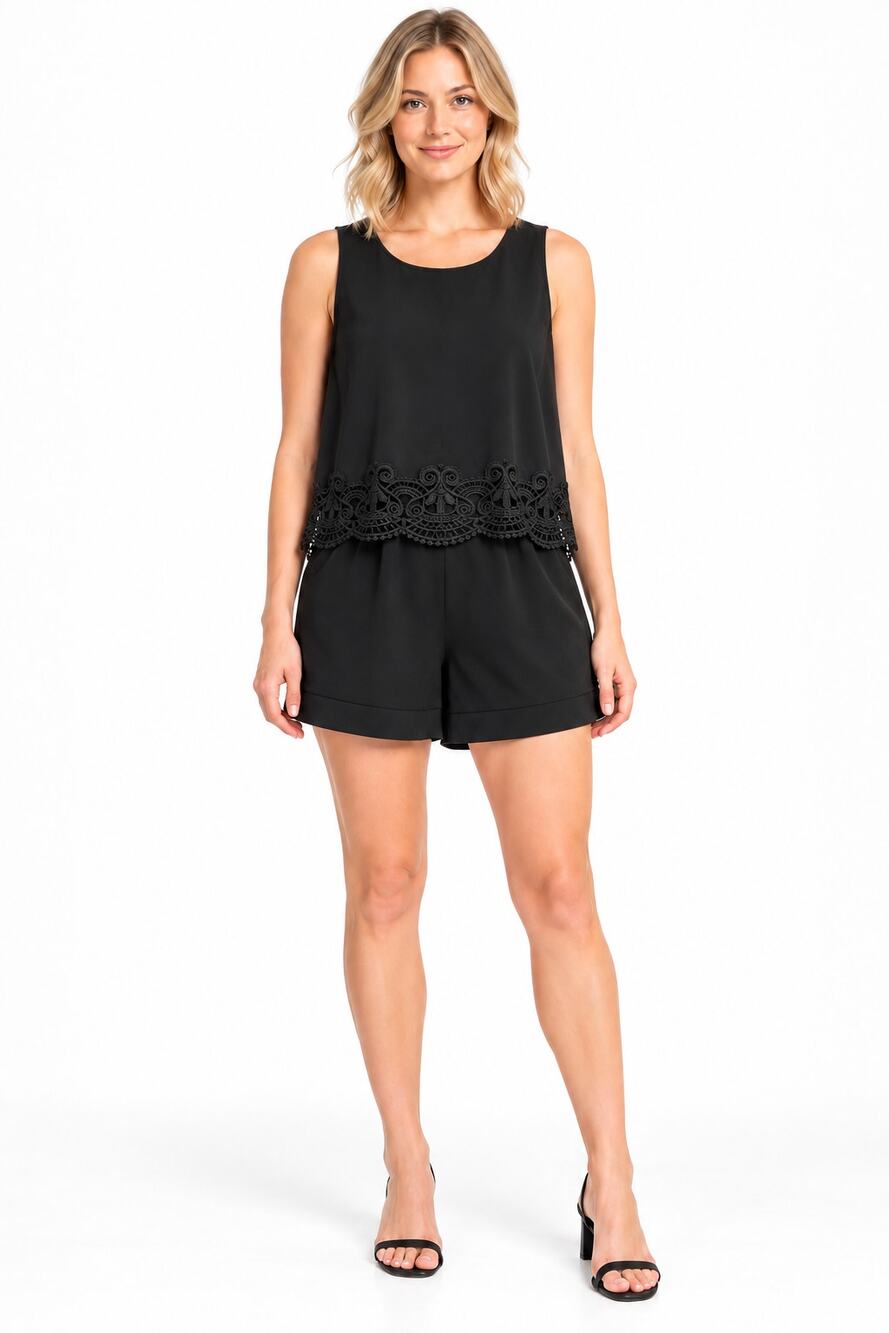 Parker Black Sleeveless Lace Trim Overlay Romper with Pockets Size M